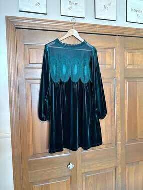 Emerald Green Velvet Lace Patchwork Babydoll Mini Dress with Pockets